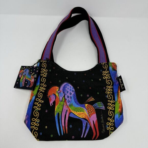 Laurel Burch Rainbow Horses on Black Scoop Tote Bag Canvas With Charm - Picture 1 of 7
